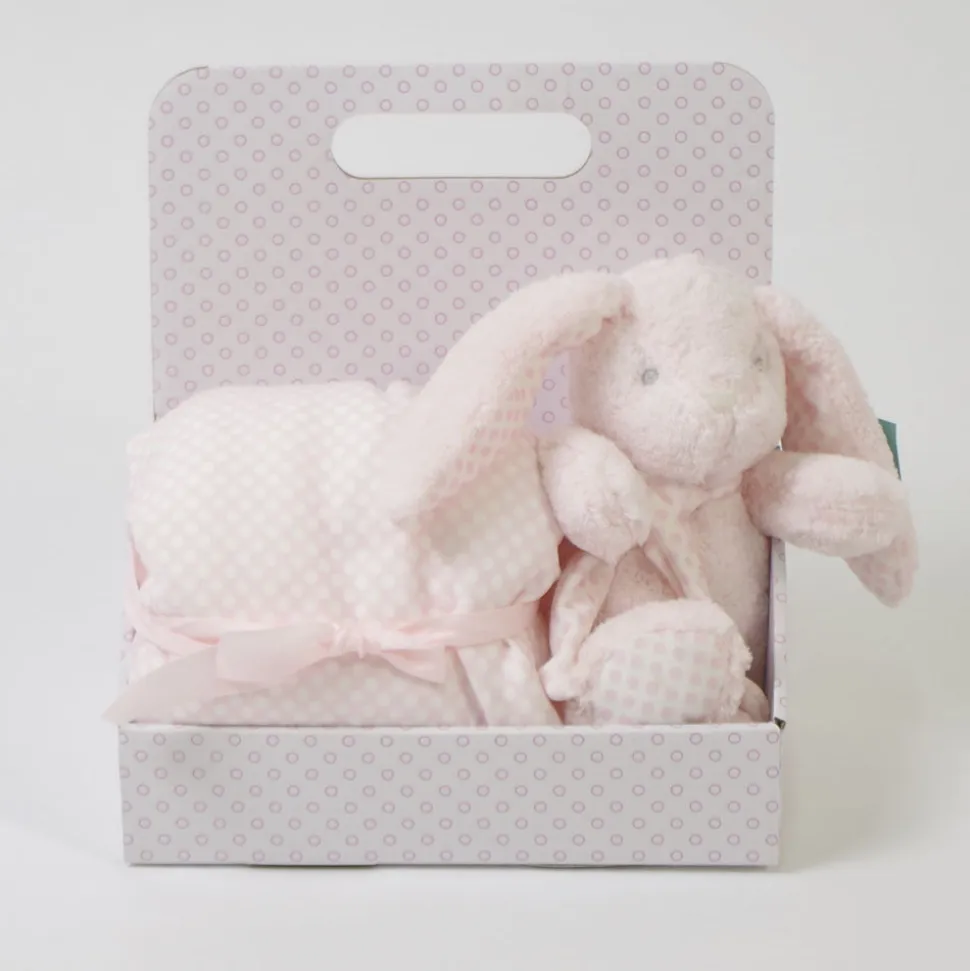 Manta topitos + conejo de peluche rosa