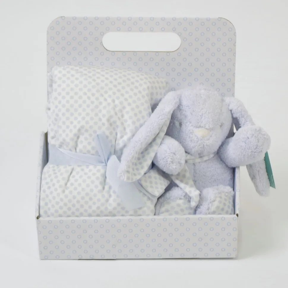 Manta topitos + conejo de peluche azul