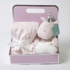 Manta + unicornio de peluche rosa