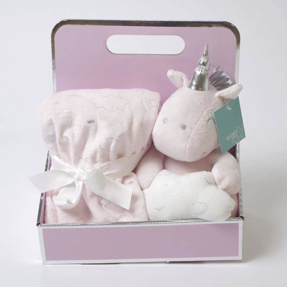Manta + unicornio de peluche rosa