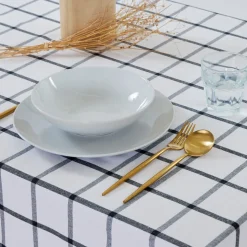 Mantel cotton blanco cuadro carbón