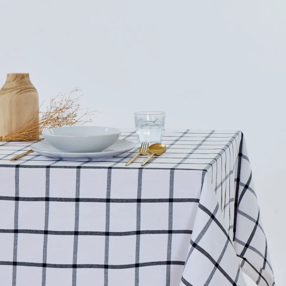 Mantel cotton blanco cuadro carbón