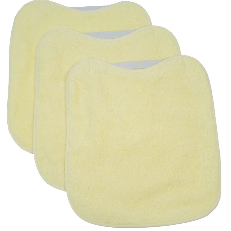 Pack 3 baberos rizo guardería color amarillo con elástico. Lavables, exterior de rizo y reverso impermeable. Medidas: 33x29cm