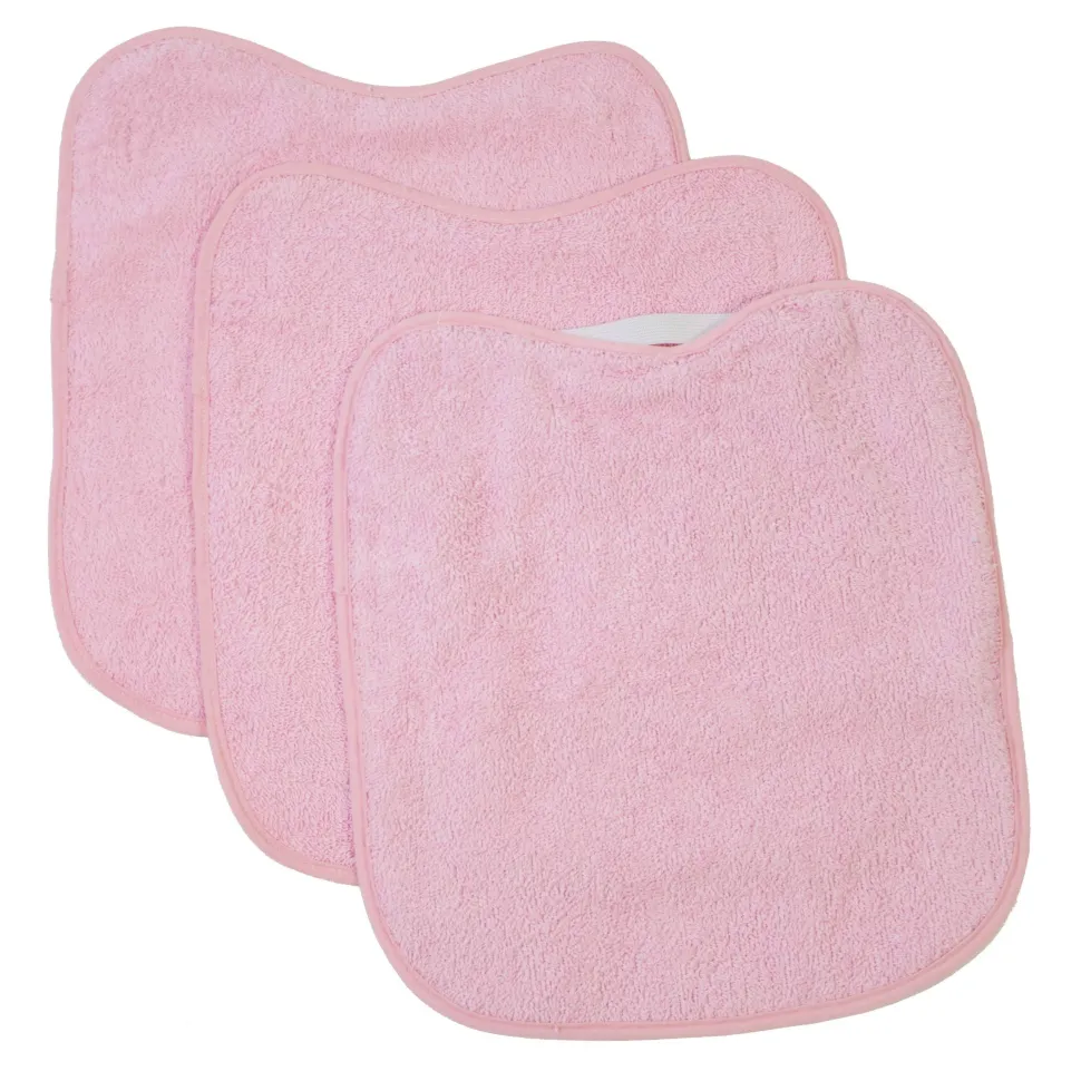 Pack 3 baberos rizo guardería color rosa con elástico. Lavables, exterior de rizo y reverso impermeable. Medidas: 33x29cm